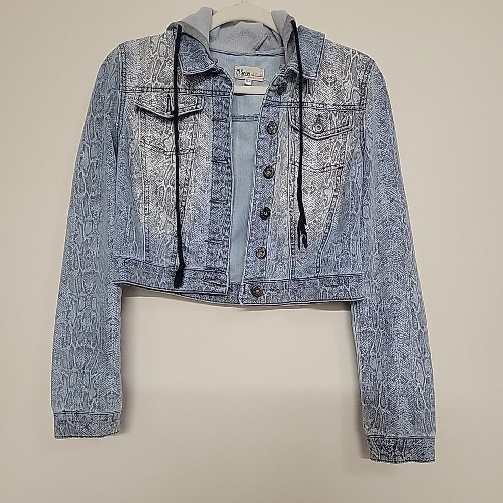 Vintage Y2K Cropped Denim Jacket Hood Size M Button Front Cropped Animal Print